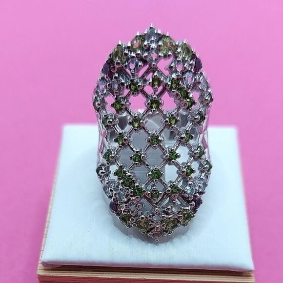 Natural Round Chrome Diopside Rhodolite Gems 925 Sterling Silver Ring Size 7 - Picture 5 of 12